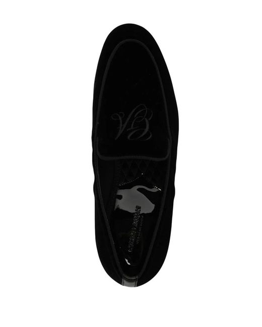 Giorgio Armani Black Embroidered Logo Velvet Loafers for men
