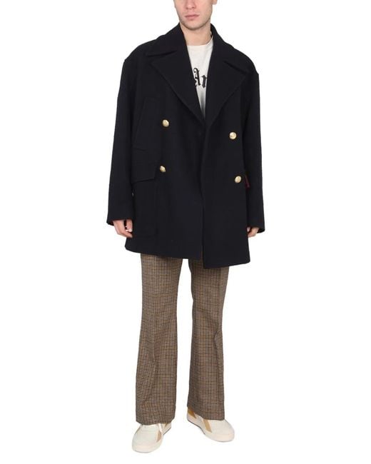 Palm Angels Blue Double-Breasted Coat for men