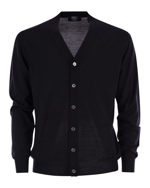 Fedeli Blue Lightweight Virgin Wool Cardigan for men