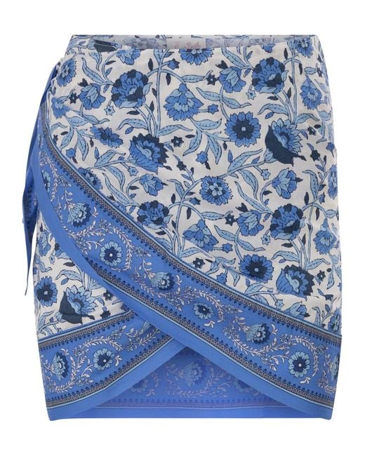 Mc2 Saint Barth Blue Floral Print Cotton Wrap Mini Skirt