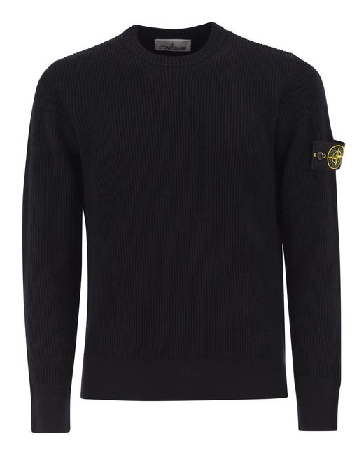 Stone Island Black Crew-Neck Jumper With Ribbed Edges for men
