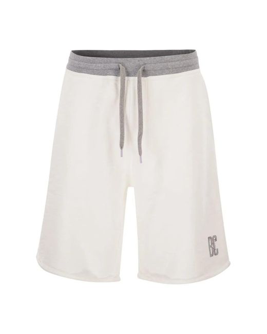 Brunello Cucinelli White Mélange Cotton And Linen Fleece Bermuda Shorts With Logo for men