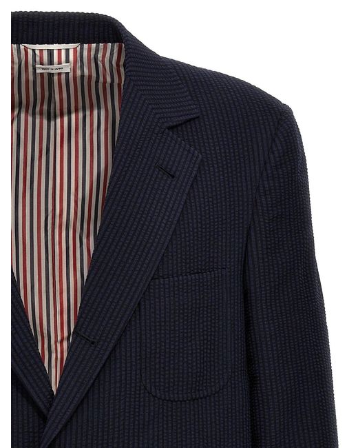 Thom Browne Blue Single-Breasted Seersucker Blazer for men
