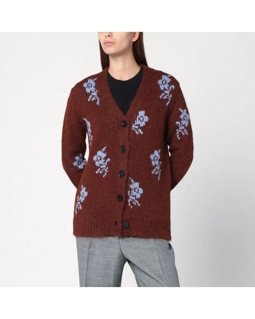 Jil Sander Red Cardigan With Floral Inlay