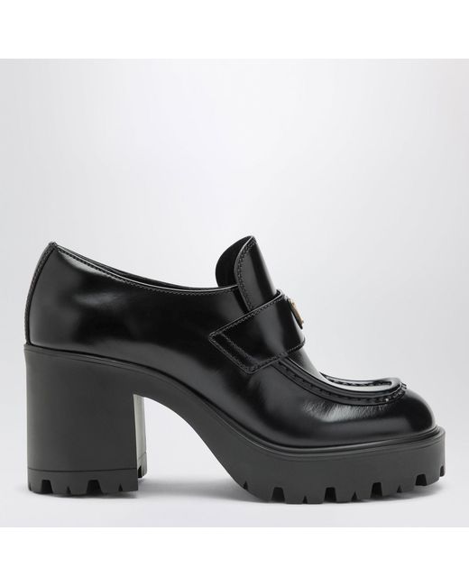 Prada Black Brushed Leather Heeled Loafers
