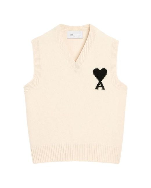 AMI Natural Sleeveless Wool Sweater With Ami De Coeur for men