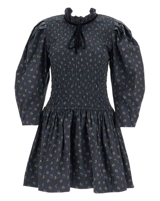 Ganni Black Printed Cotton Smock Mini Dress