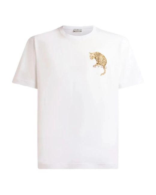 Etro White Cotton T-Shirt With Leopard Print And Embroidery for men