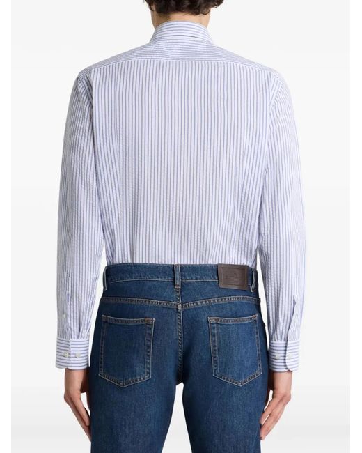 Etro Blue Striped Cotton Seersucker Shirt for men