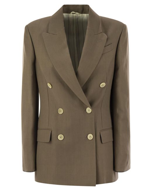 Brunello Cucinelli Green Fluid Viscose And Linen Twill Jacket With Shiny Cuffs
