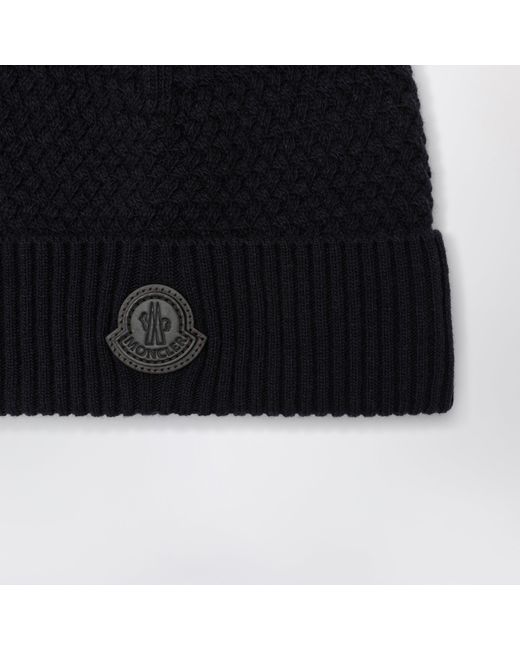 Moncler Black Wool Beanie With Logo Patch for men