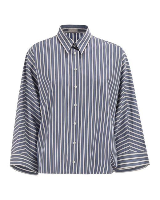 Brunello Cucinelli Blue Vertical Striped Cotton Shirt