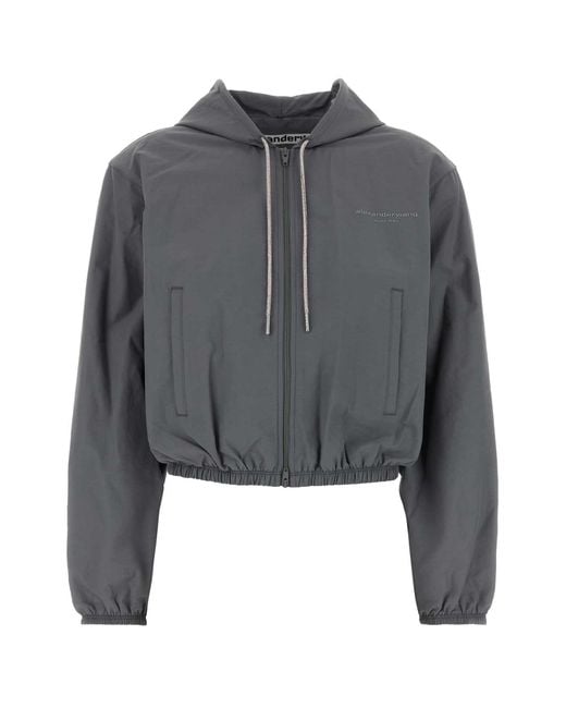 Alexander Wang Gray Shrunken Hoodie Jacket W/ Rhinestone Drawcord