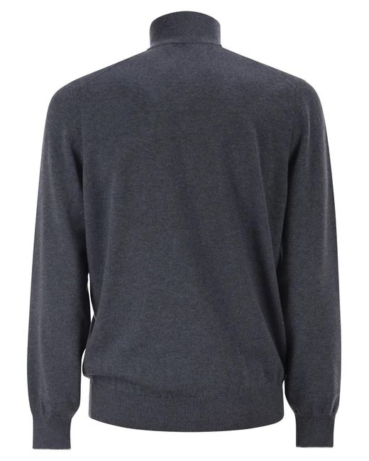 Brunello Cucinelli Blue Cashmere Turtleneck Sweater With Zipper for men