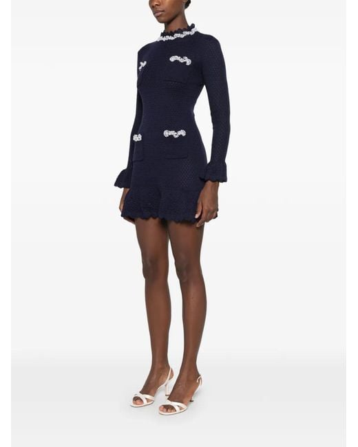 Self-Portrait Blue Pearl Trim Knit Mini Dress