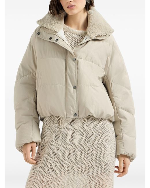Brunello Cucinelli White Techno Cotton Taffeta Down Jacket With Detachable Shearling Insert And Monili