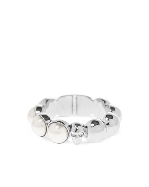 McQueen White Embellishment Skull Beaded Ring for men