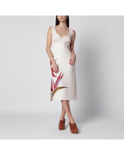 Farm Rio White Sand-Colored Linen Midi Dress With Strelitzia Pattern