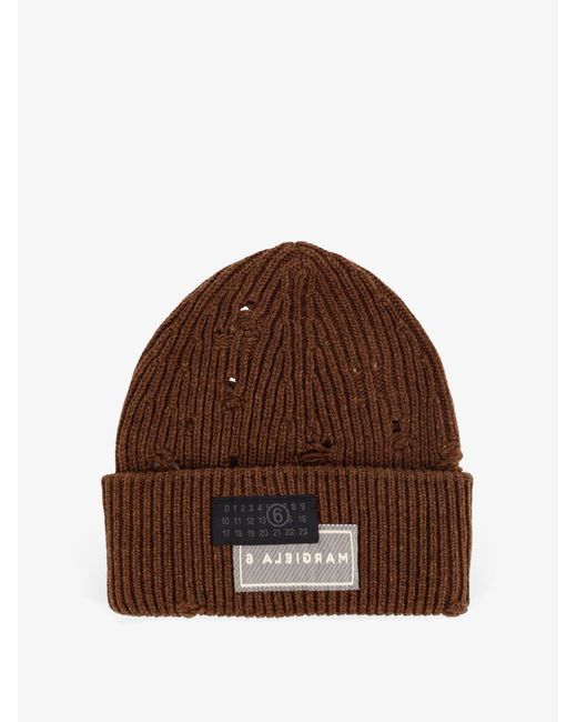 MM6 by Maison Martin Margiela Brown Wool Blend Beanie Hat With Distressed Effect for men