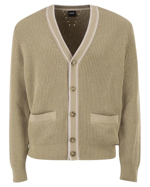 Boss Natural Ribbed Cotton Cardigan With Contrast Buttons for men