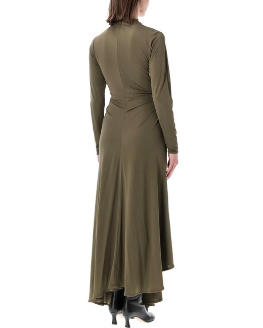 Bottega Veneta Green Elegant Sculptural Dress With High Neck And Brooch