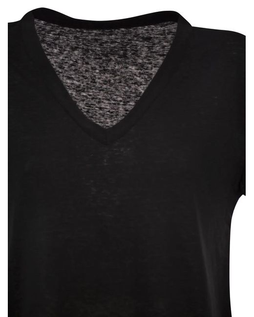 Majestic Black Stretch Linen T-Shirt With V-Neck
