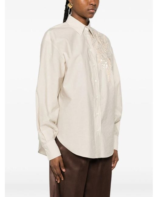 Brunello Cucinelli White Shirt With Floral Embroidery And Sequins