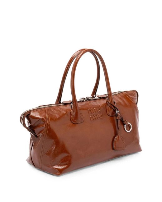 Miu Miu Brown Logo-Embossed Leather Tote Bag