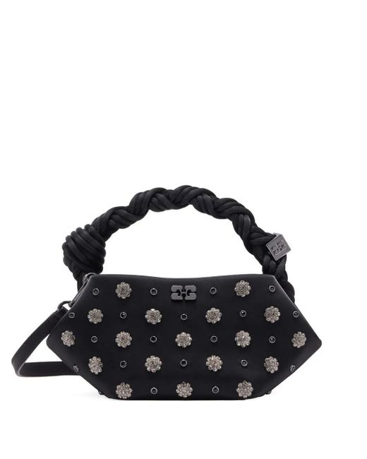 Ganni Black Mini Bou Studded Tote Bag With Floral Embellishments