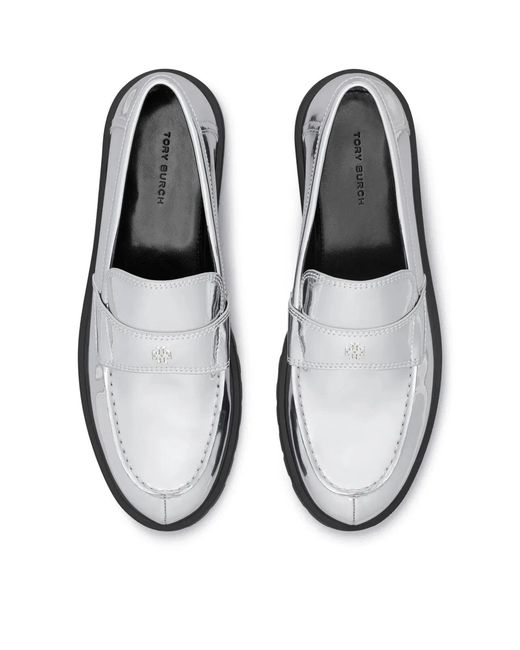 Tory Burch White Mirrored Metallic Classic Logo Lug Loafers