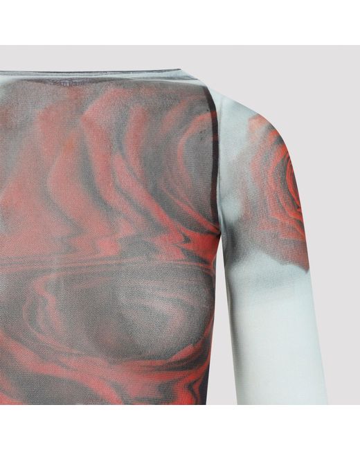Jean Paul Gaultier Gray Slim Fit Sheer Mesh Top With Blurred Rose Graphic