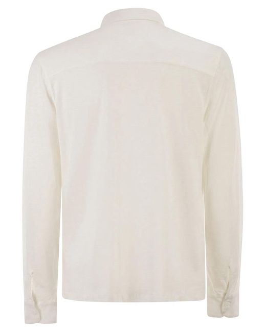 Majestic White Stretch Linen Shirt With Front Button Fastening for men