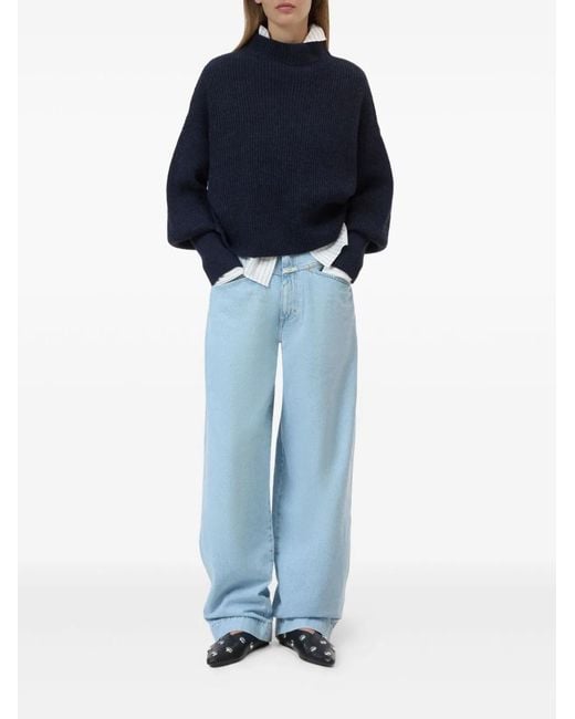 Closed Blue Ribbed Knit Funnel Neck