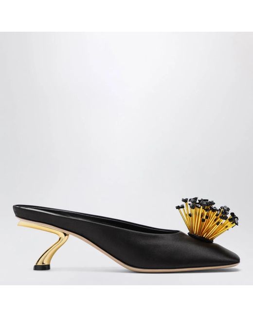 Ferragamo Black Mules With Sculptural Heel And Crystal Flower