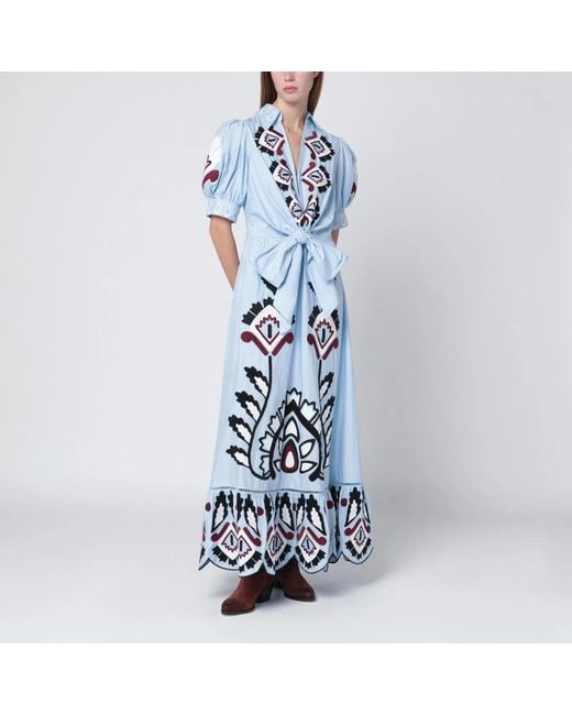 Farm Rio Blue Light Embroidered Long Dress With Bow