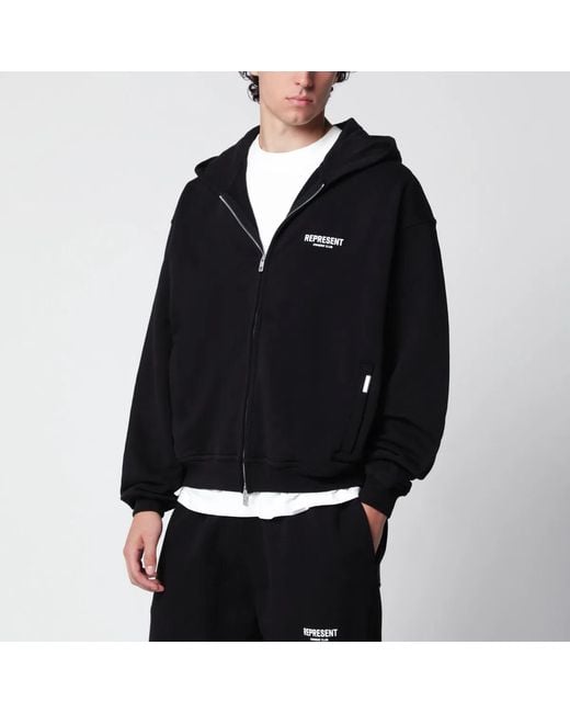 Represent Black Cotton Zip-Up Hoodie for men