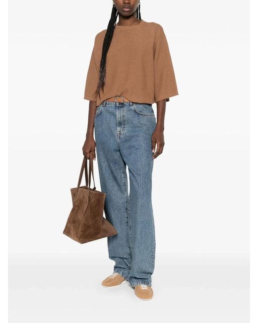 Fabiana Filippi Brown Boxy Cotton And Linen Sweater With Subtle Luminous Accents