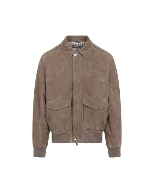 Brunello Cucinelli Brown Leather Bomber Jacket for men
