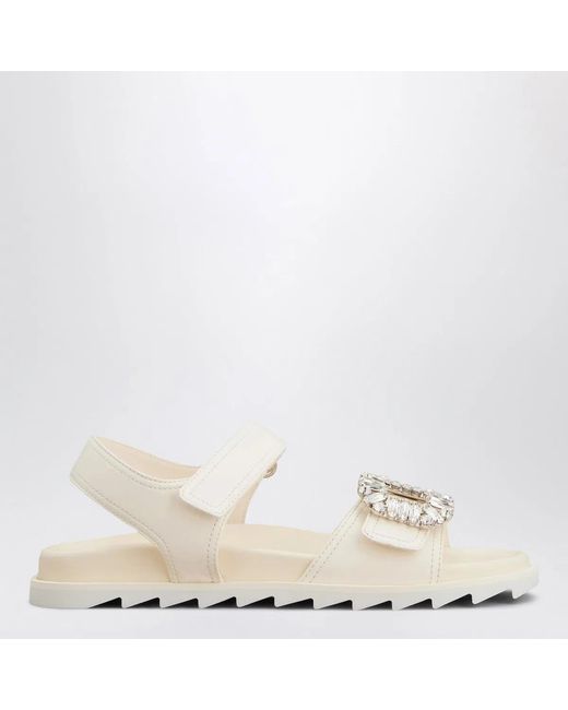 Roger Vivier White Ivory Leather Sandals With Crystal Buckle
