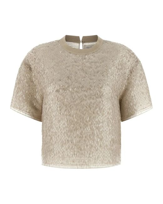 Brunello Cucinelli White 'Dazzling Cascade Embroidery' T-Shirt