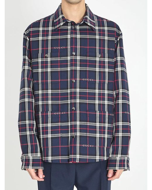 Gucci Blue Quilted Jacquard Cotton Tartan Shirt for men