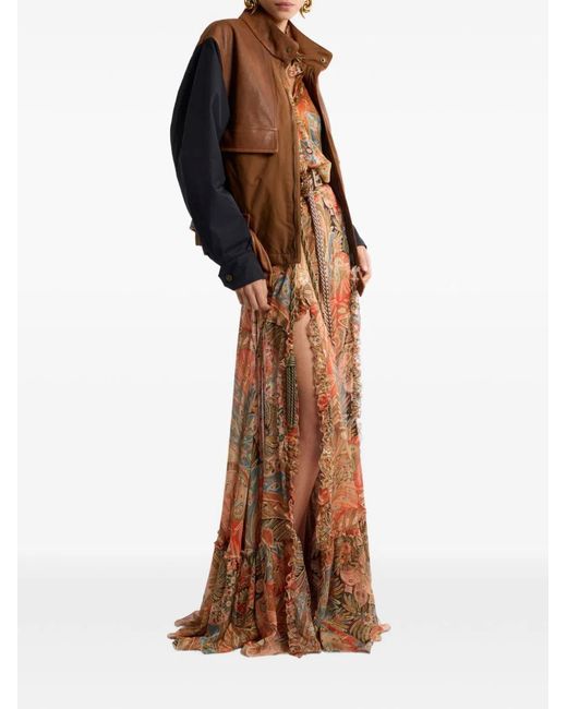 Etro Brown Silk Shirt With Ruffles And Paisley Motif