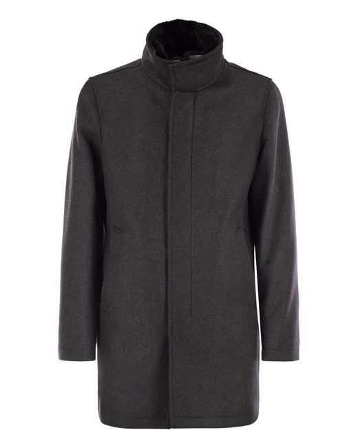 Herno Black Wool Coat With Detachable Collar for men