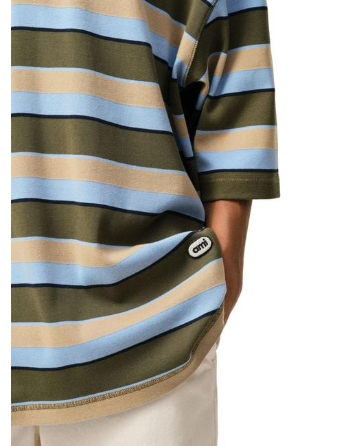 AMI Green Cotton Striped Polo Shirt for men