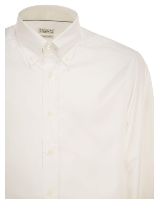 Brunello Cucinelli White Basic Fit Twill Shirt With Button-Down Collar for men