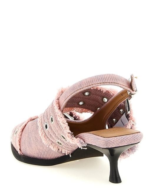 Ganni Pink 'Feminine Buckle Fringed Denim' Slingback