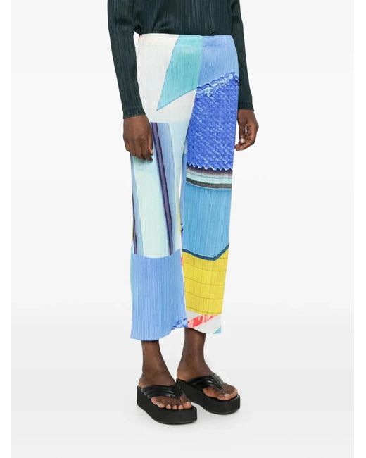 Pleats Please Issey Miyake Blue Pleats Please By Issey Miyake "City Collage" Trousers