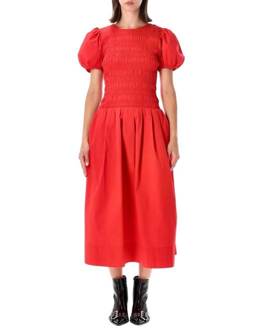 Ganni Red Smocked Cotton Midi Dress