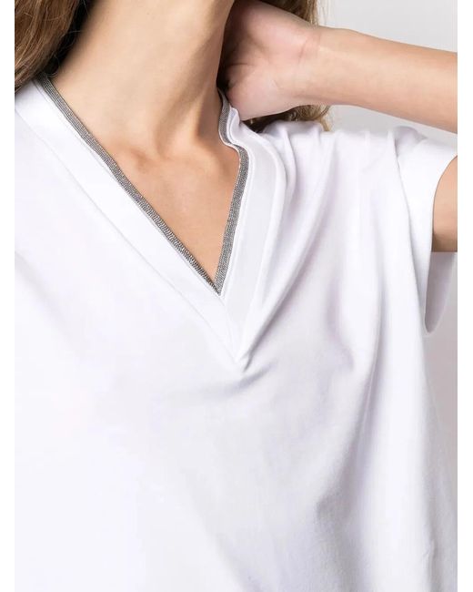 Brunello Cucinelli White Trim V-Neck Tee
