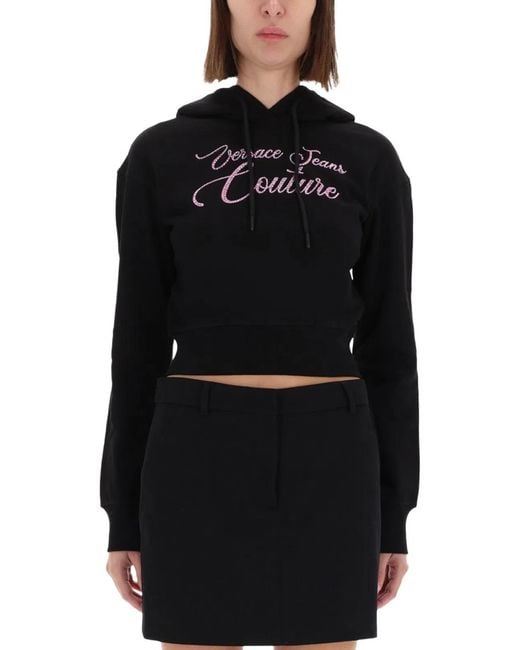 Versace Jeans Couture Black Cropped Sweatshirt With Logo